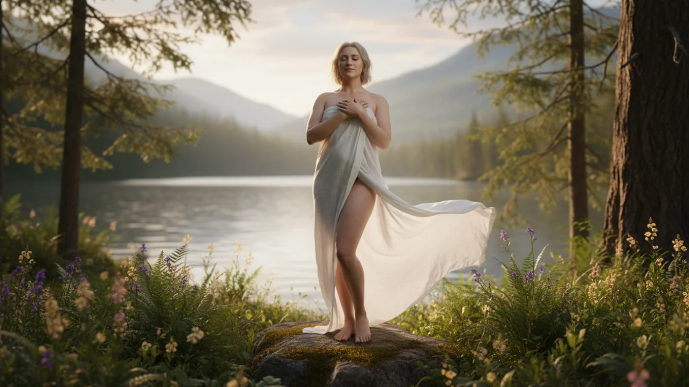 Pessoa com expressão serena em ambiente natural simbolizando aceitação corporal.