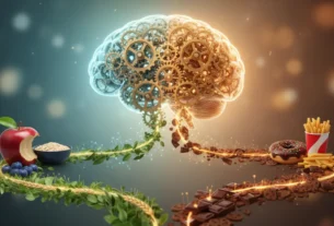 Ilustração conceitual mostrando o cérebro processando escolhas alimentares automáticas