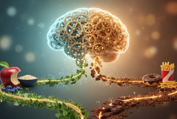 Ilustração conceitual mostrando o cérebro processando escolhas alimentares automáticas