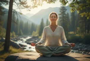 Mulher praticando mindfulness ao ar livre representando clareza mental e bem-estar.