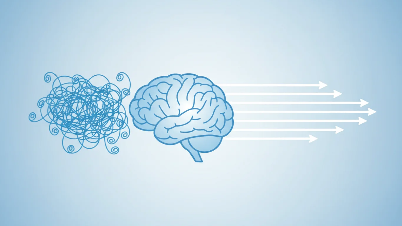 Ilustração minimalista representando a organização do caos mental em clareza e foco.