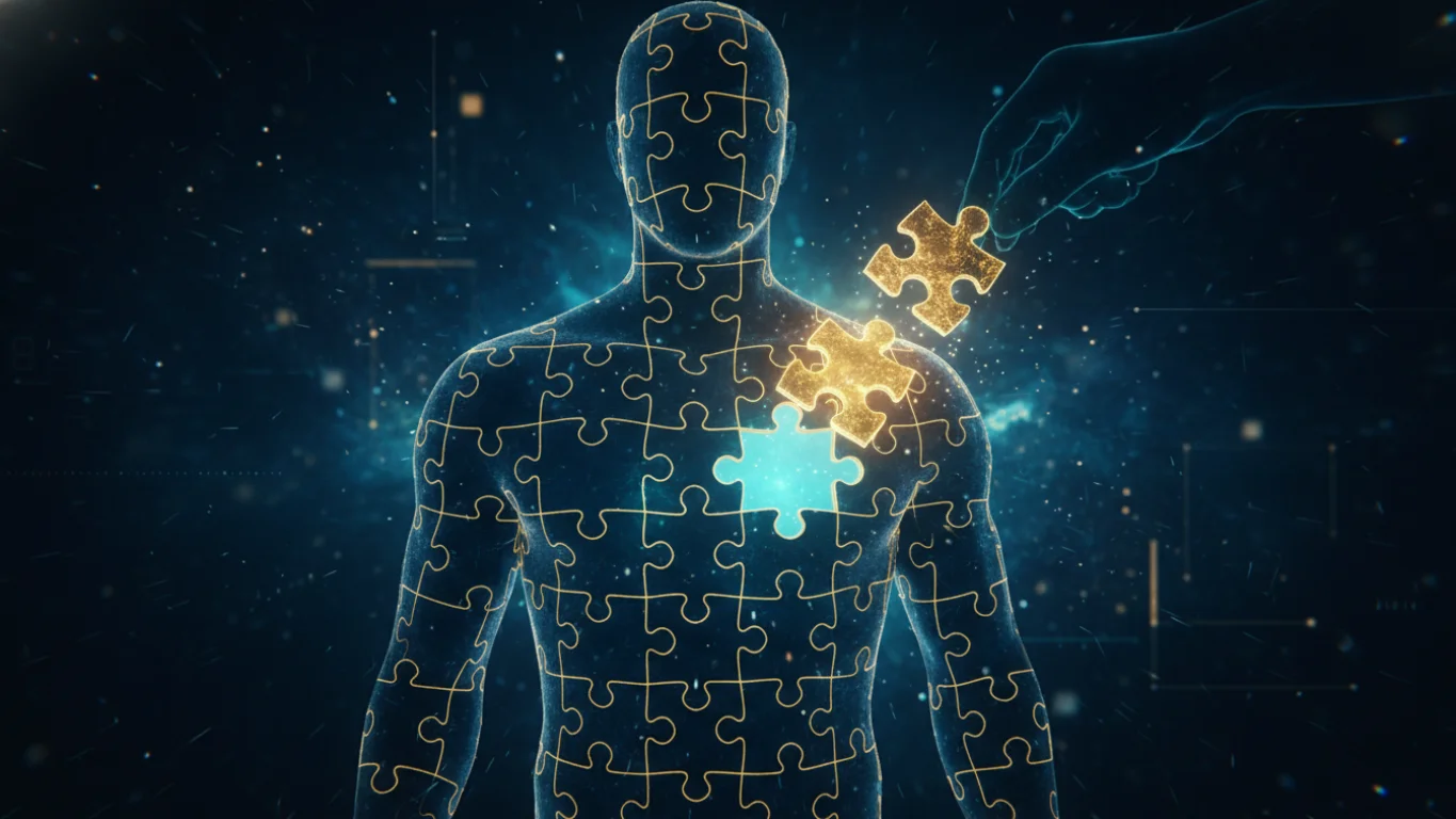 Construção de Identidade e Hábitos Silhueta humana formada por peças de quebra-cabeça sendo montadas, representando a construção da identidade.