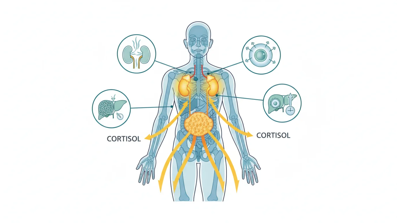 Cortisol e Gordura Visceral Diagrama do corpo humano mostrando as glândulas adrenais e o efeito do cortisol na gordura abdominal