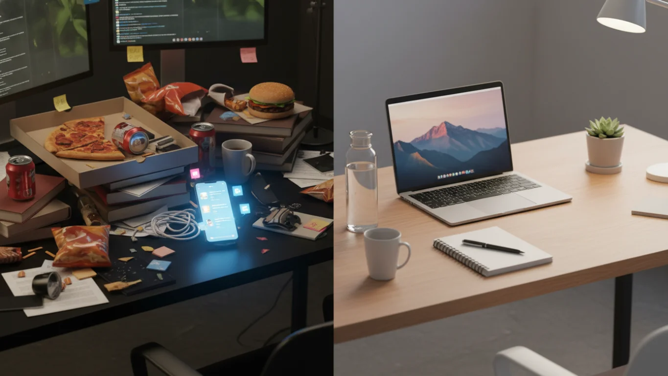 Design de Ambiente e Fricção Dois ambientes de trabalho lado a lado: um caótico e cheio de distrações, outro limpo e focado.