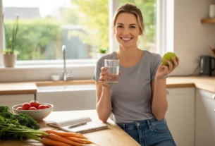 Mulher sorrindo na cozinha segurando água e maçã, com vegetais frescos na bancada, representando emagrecimento saudável.