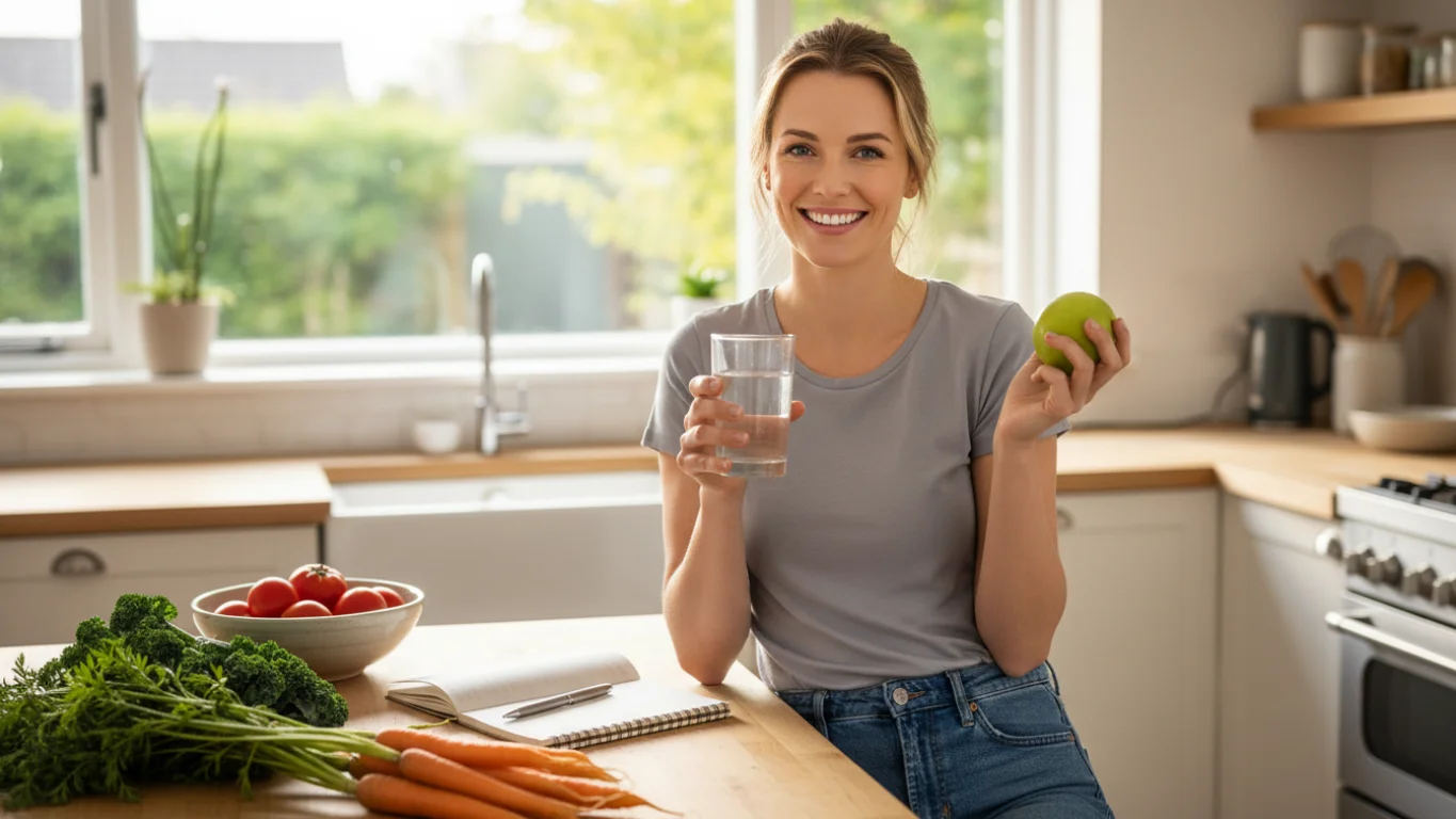 Mulher sorrindo na cozinha segurando água e maçã, com vegetais frescos na bancada, representando emagrecimento saudável.