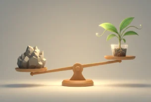 Balança equilibrando uma pedra rígida e uma planta em crescimento