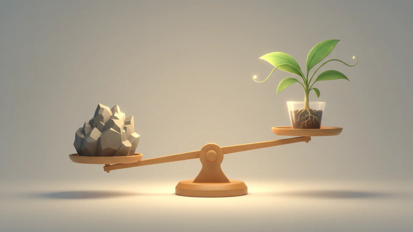 Balança equilibrando uma pedra rígida e uma planta em crescimento