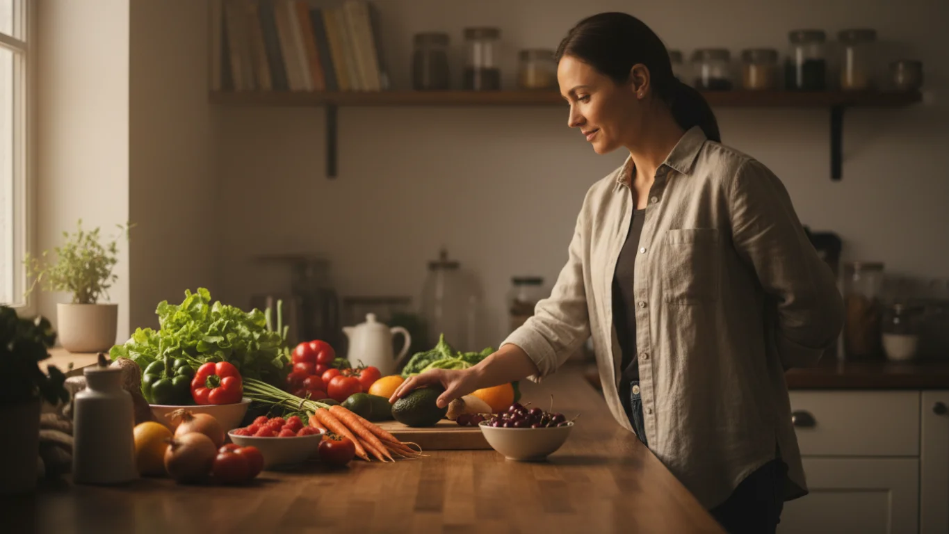 Pessoa escolhendo alimentos saudáveis com calma e consciência.