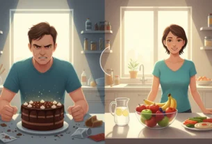 Ilustração comparativa entre o esforço da força de vontade e a facilidade de um ambiente planejado para o emagrecimento.