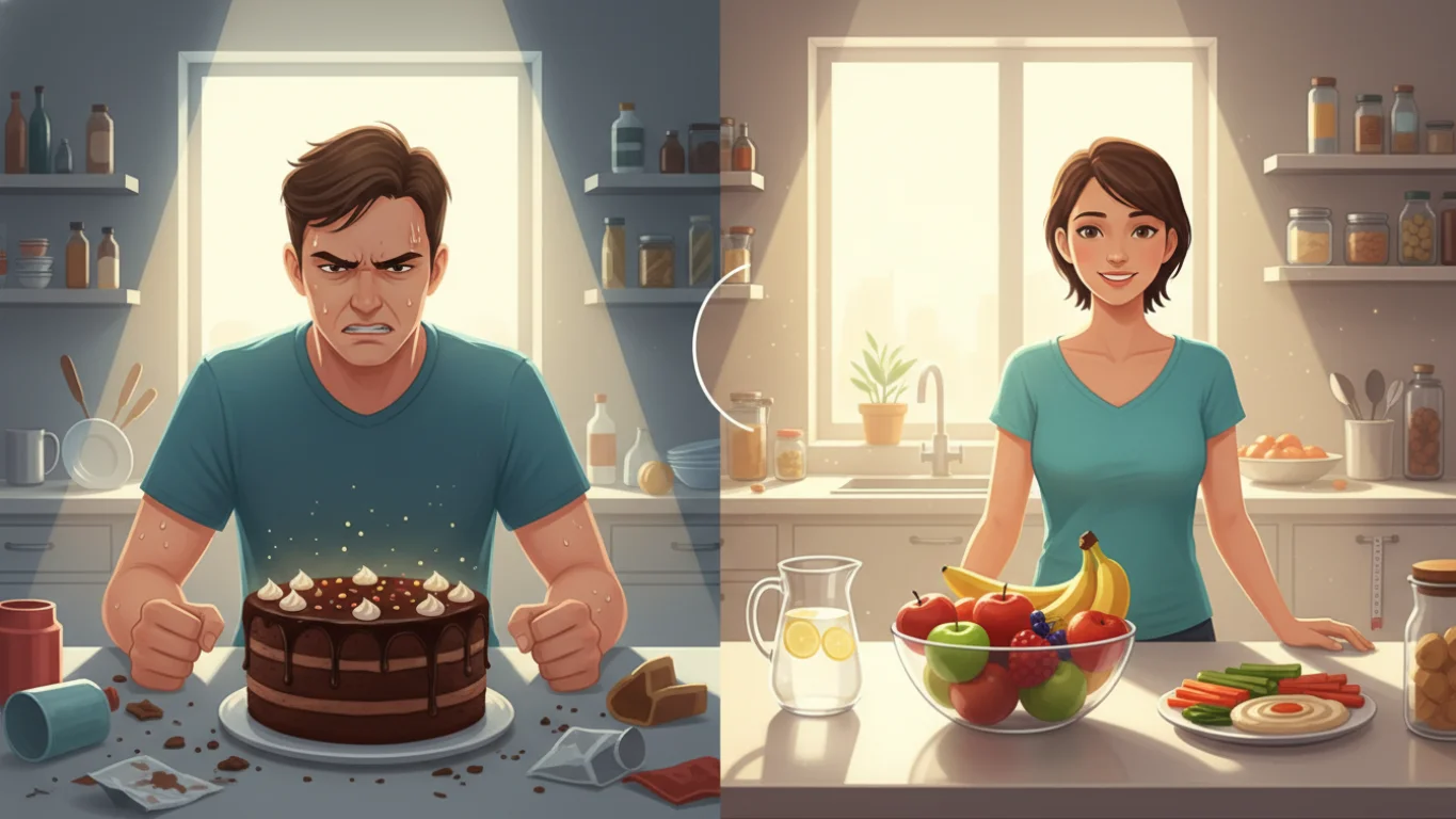 Ilustração comparativa entre o esforço da força de vontade e a facilidade de um ambiente planejado para o emagrecimento.