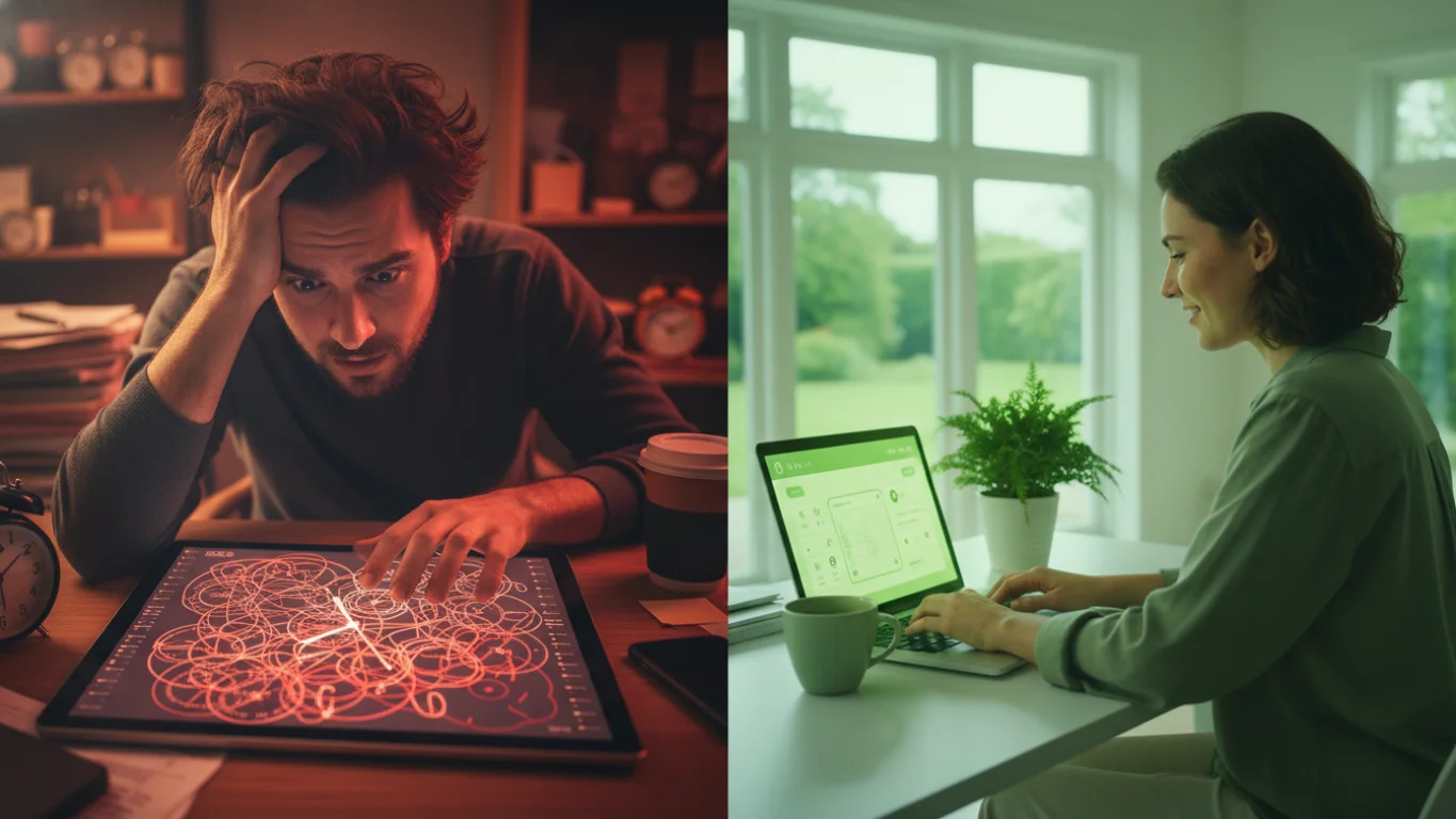 Pessoa estressada com relógio versus pessoa calma trabalhando