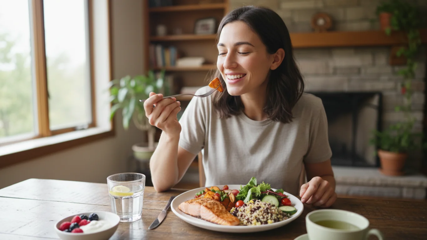 Liberdade Alimentar e Alimentação Intuitiva Mulher desfrutando de uma refeição saudável com um sorriso genuíno, sem sinais de ansiedade.