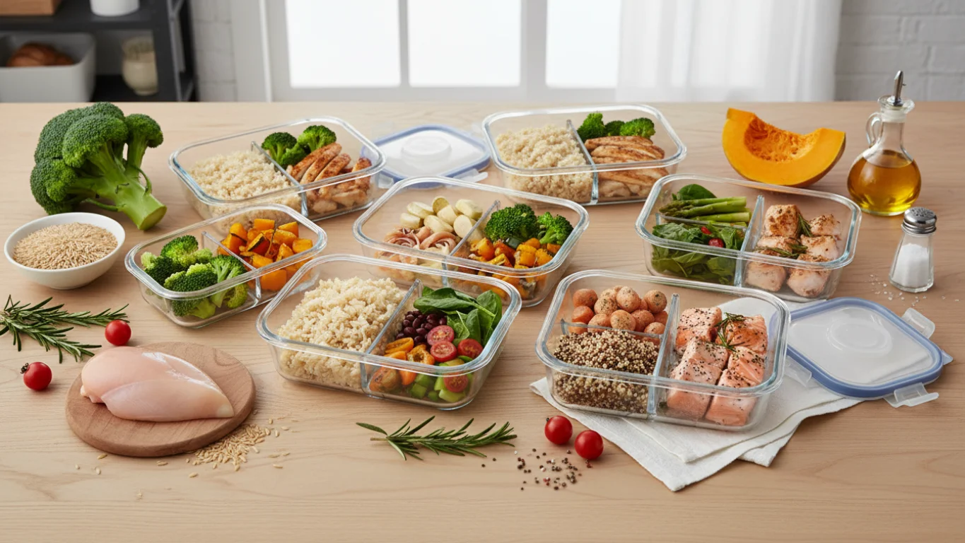 Marmitas saudáveis para renda extra Marmitas saudáveis organizadas em potes de vidro com legumes coloridos e proteínas.