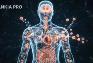 Ilustração conceitual mostrando os mecanismos internos do corpo humano e reparação celular durante o emagrecimento