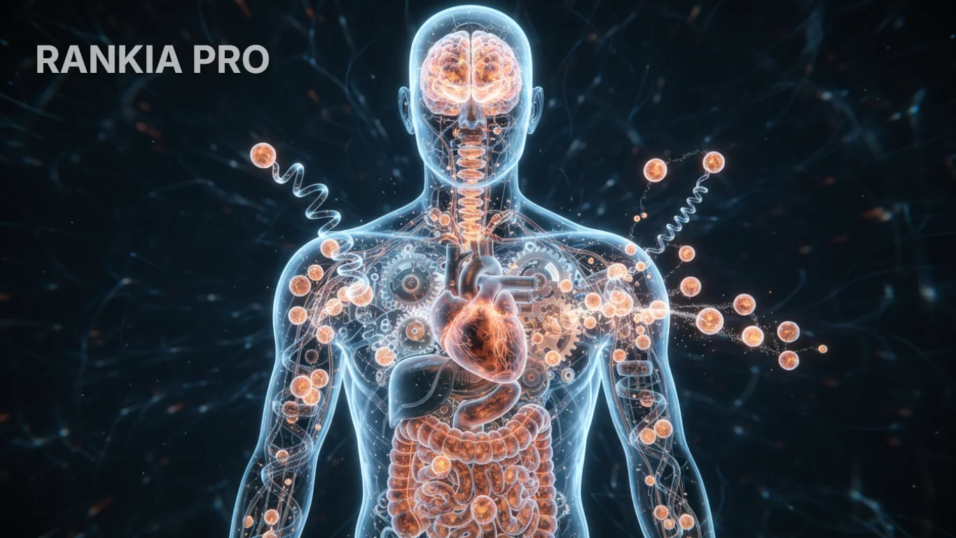 Ilustração conceitual mostrando os mecanismos internos do corpo humano e reparação celular durante o emagrecimento