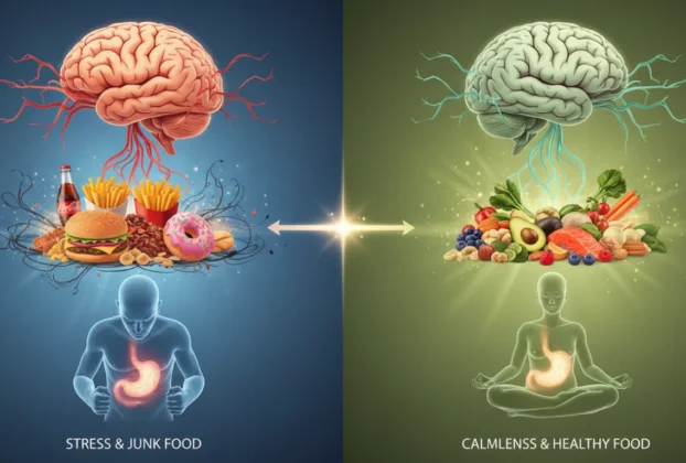 Ilustração conceitual mostrando a ligação entre cérebro e metabolismo, comparando estresse com calma