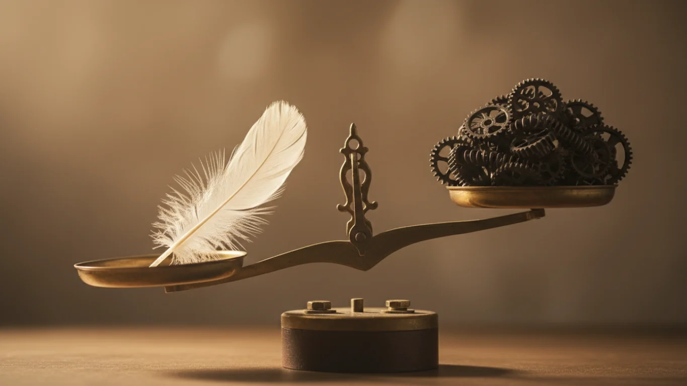 Balança antiga equilibrando uma pena contra várias pedras pesadas, simbolizando leveza e eficiência.