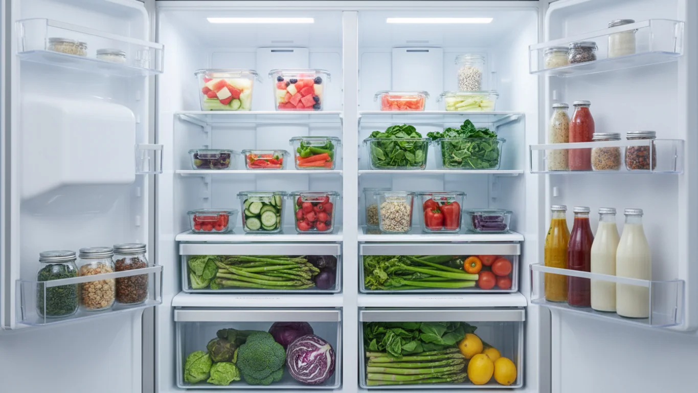 Organização da Geladeira para Emagrecimento Geladeira organizada com potes transparentes contendo frutas cortadas e vegetais frescos.