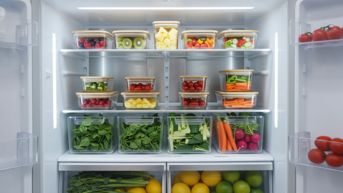Geladeira organizada com alimentos saudáveis visíveis