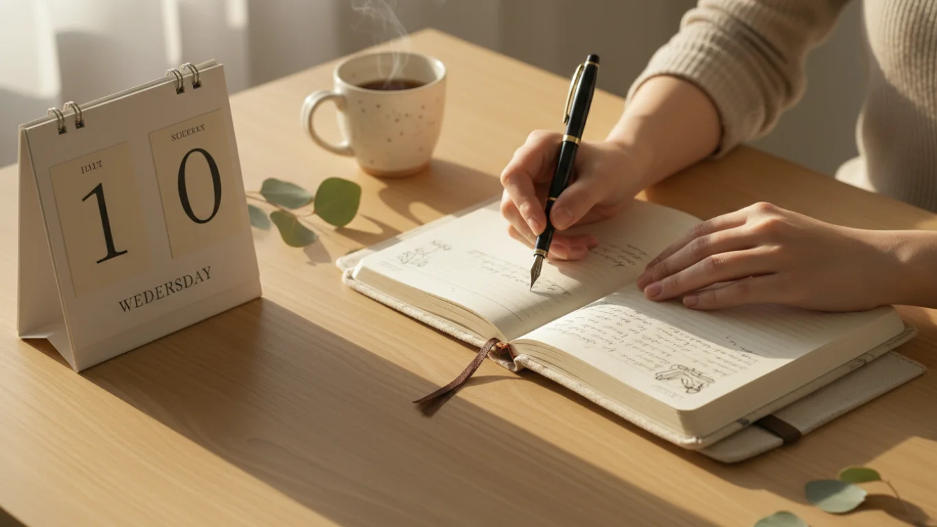 Organizando as ferramentas do sucesso Mãos femininas organizando anotações em um caderno com caneta e calendário ao lado