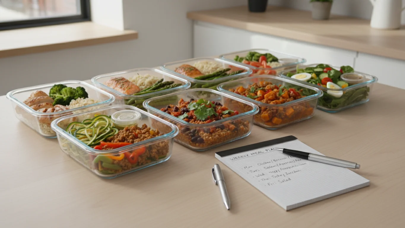Organização de refeições saudáveis em recipientes.