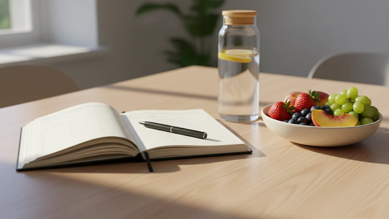 Planejamento e organização para dieta Caderno de anotações aberto ao lado de uma garrafa de água e frutas frescas sobre uma mesa de madeira.