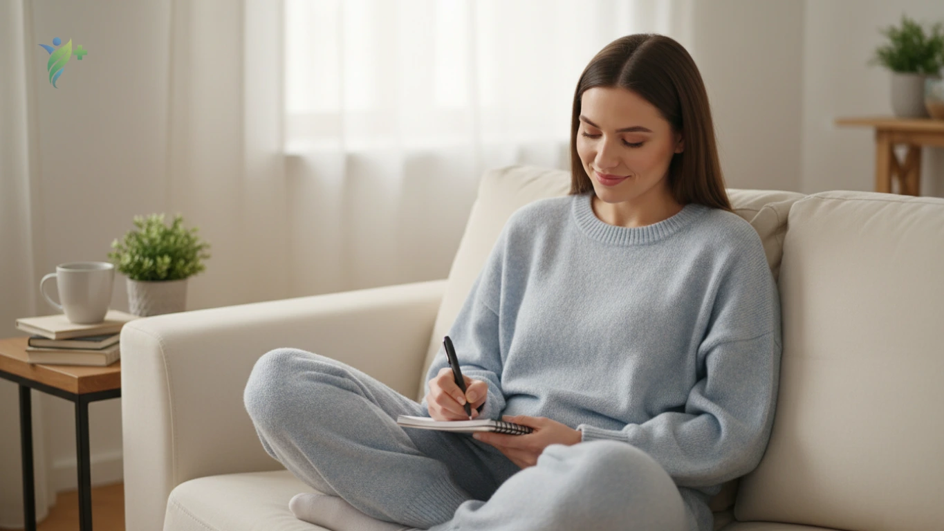 Planejamento simplificado e leve Mulher sorrindo levemente enquanto anota em um planejador diário em um ambiente relaxado