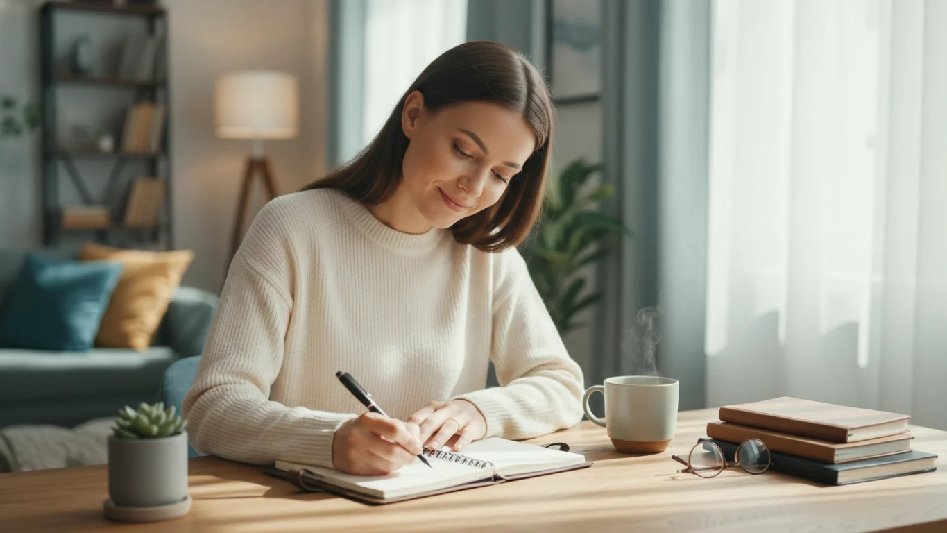 Mulher tranquila escrevendo em um planejador em uma mesa organizada com iluminação natural
