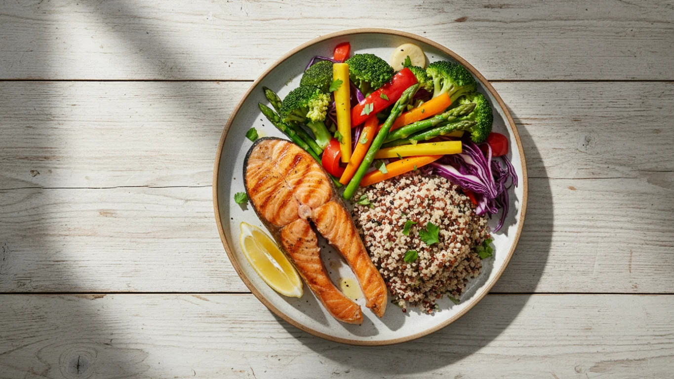 Refeição com Alta Densidade Nutricional Prato de comida equilibrado com alta densidade nutricional, contendo proteínas e vegetais.