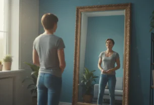 Ilustração conceitual de uma pessoa olhando no espelho e vendo sua identidade magra refletida