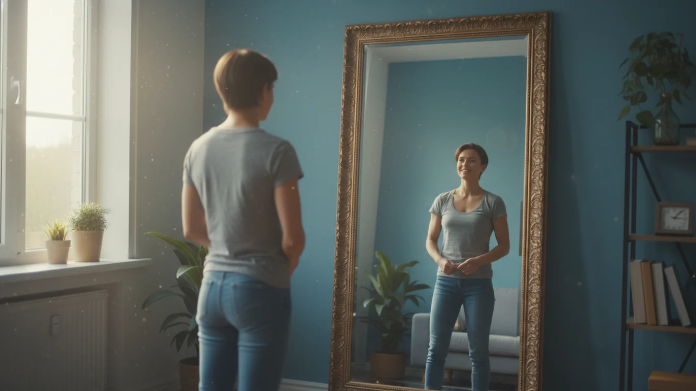 Ilustração conceitual de uma pessoa olhando no espelho e vendo sua identidade magra refletida