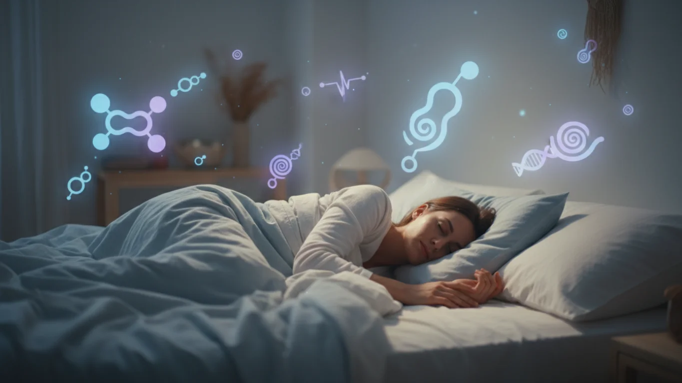 Sono e Regulação Hormonal Pessoa dormindo tranquilamente com ícones de hormônios equilibrados ao redor