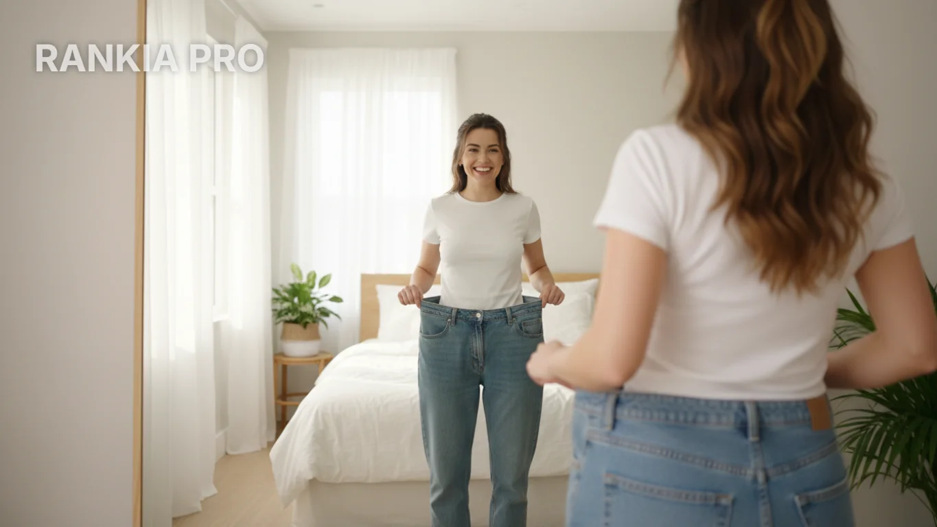 Vitórias Além da Balança Mulher sorrindo ao vestir uma calça jeans que ficou folgada na cintura
